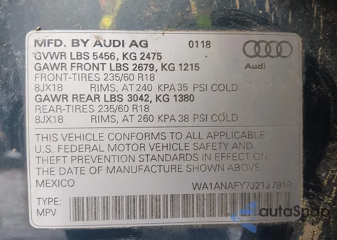 2018 Audi Q5 2.0T Premium/2.0T Tech Premium z USA, uszkodzony, nr VIN WA1ANAFY7J2127918